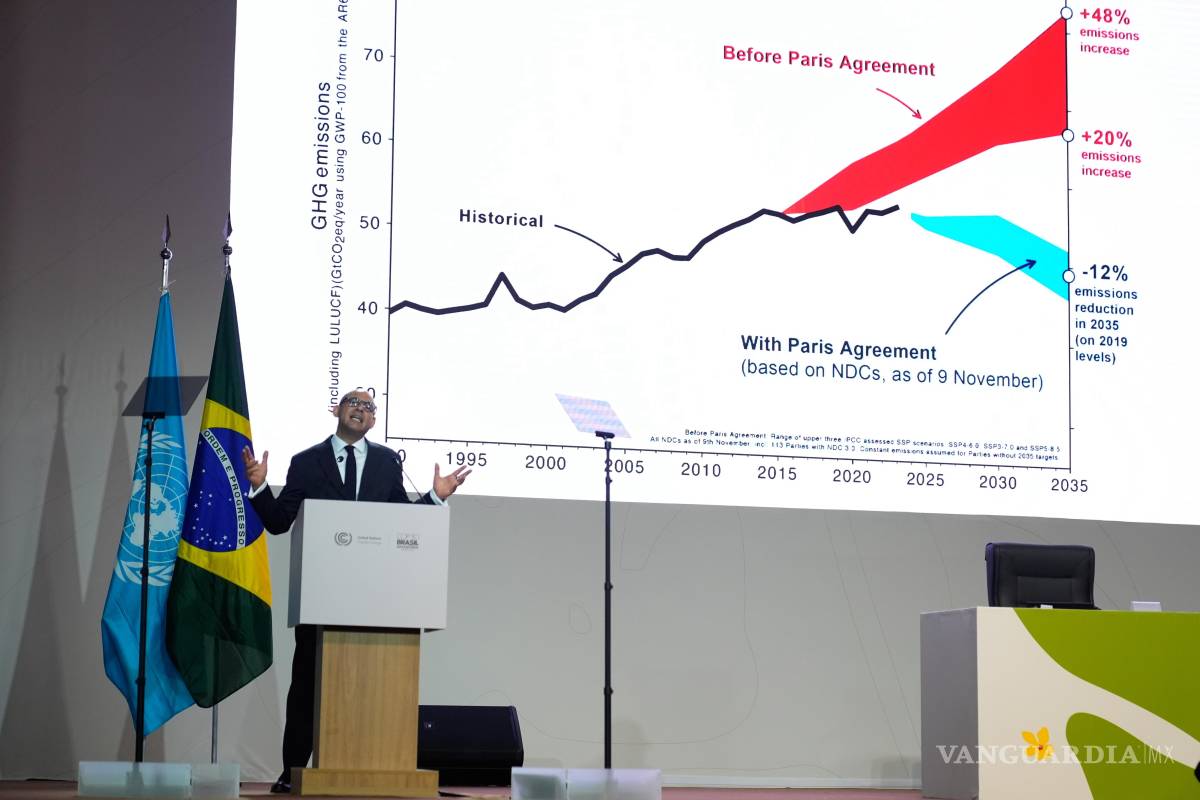 $!Simon Stiell, jefe de la ONU para el clima da un discurso frente a un gráfico sobre el Acuerdo de París en la Cumbre del Clima COP30 de la ONU en Belém, Brasil.