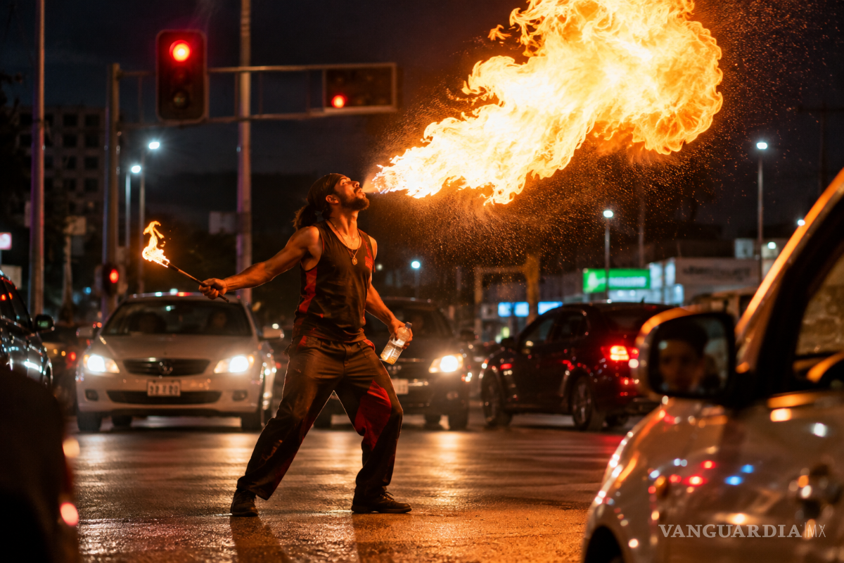 $!Cuando cae la noche, Blas cambia las clavas por el fuego. La disciplina que aprendió durante sus años de circo forma parte de un espectáculo con el que sostiene su presente mientras se prepara para ser padre nuevamente.
