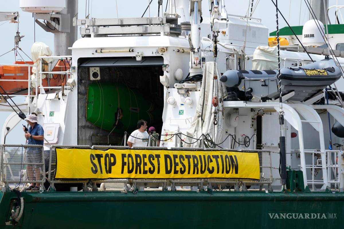 $!Un barco de Greenpeace llega a la costa de la Universidad Federal, sede de la Cumbre de los Pueblos, que coincide con la Cumbre del Clima COP30 de la ONU.