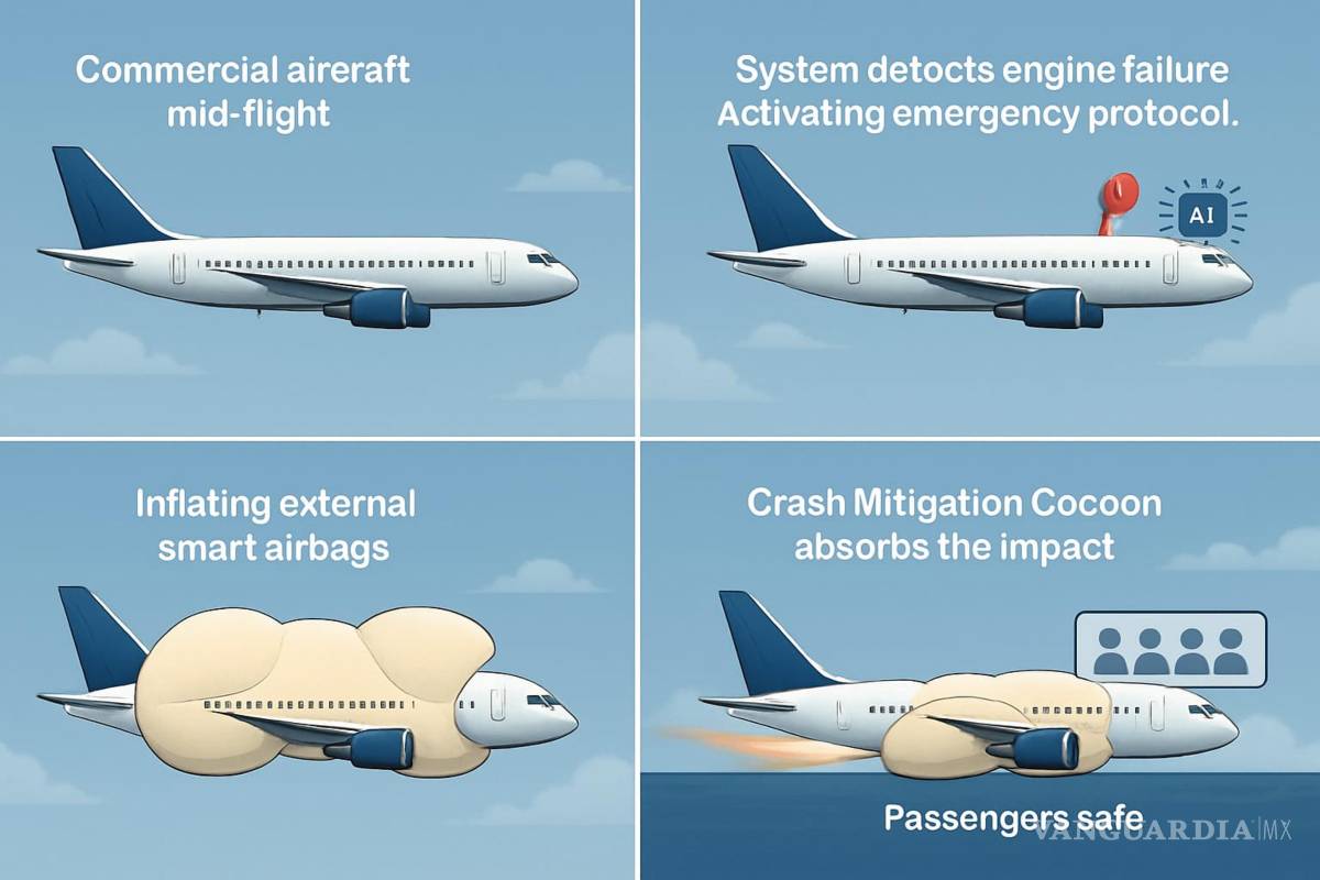 $!En caso de producirse un accidente aéreo, las bolsas de aire “de alta velocidad se despliegan desde el morro, la panza y la cola en menos de 2 segundos”.