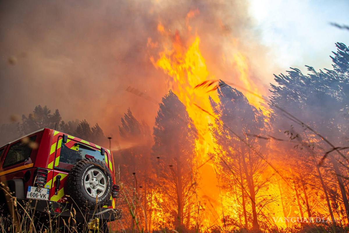 $!Esta foto proporcionada por el cuerpo de bomberos de la región de Gironde (SDIS 33) muestra un incendio forestal cerca de Landiras, en el suroeste de Francia.