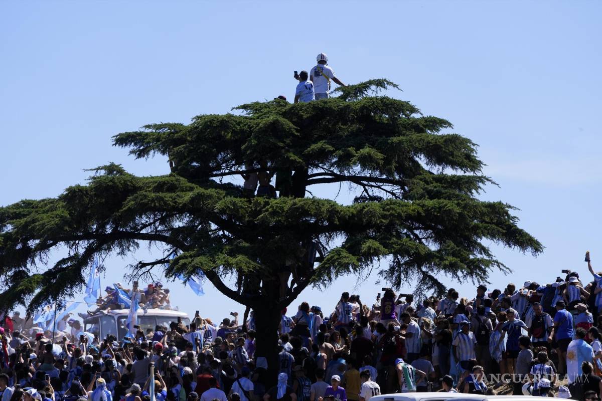 $!La selección argentina de fútbol que ganó la Copa del Mundo viaja en un autobús abierto en un desfile de bienvenida en Buenos Aires, Argentina.
