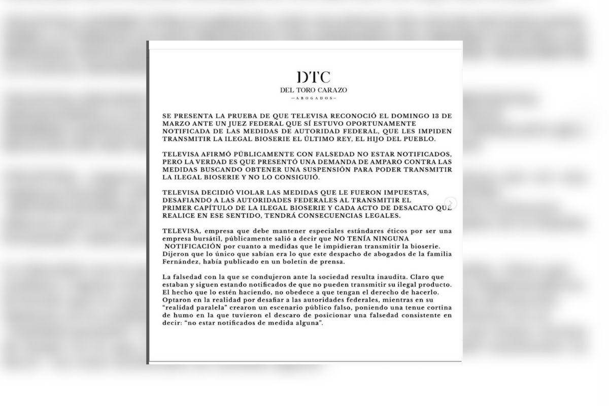 $!El despacho de abogados de la familia Fernández aseguró este miércoles que continuará con las acciones correspondientes para suspender la bioserie de Televisa.