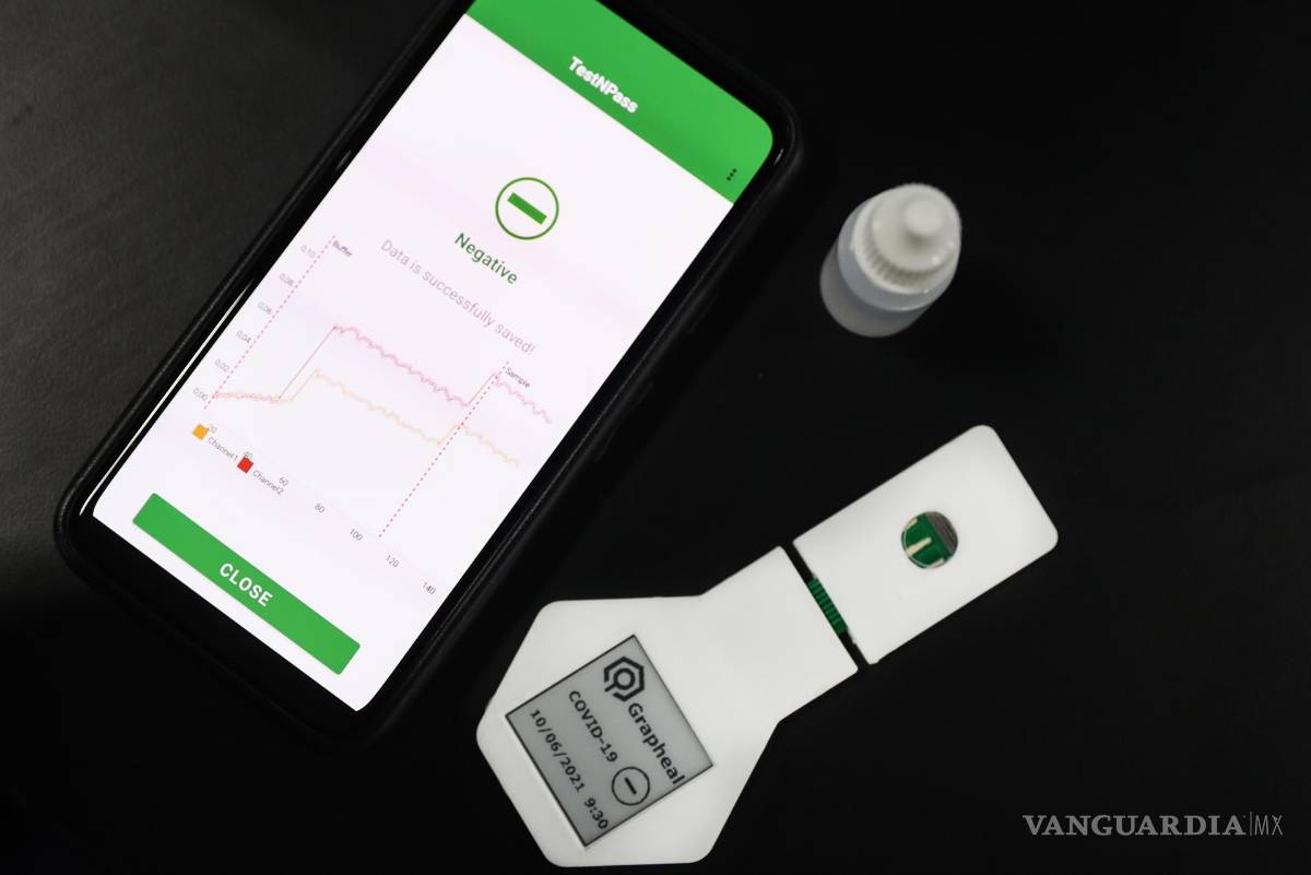 $!Grapheal TestNpass, una ‘tira de prueba’ digital que detecta COVID-19 en cinco minutos a partir de la saliva o un hisopo nasal. EFE/EPA/Caroline Brehman