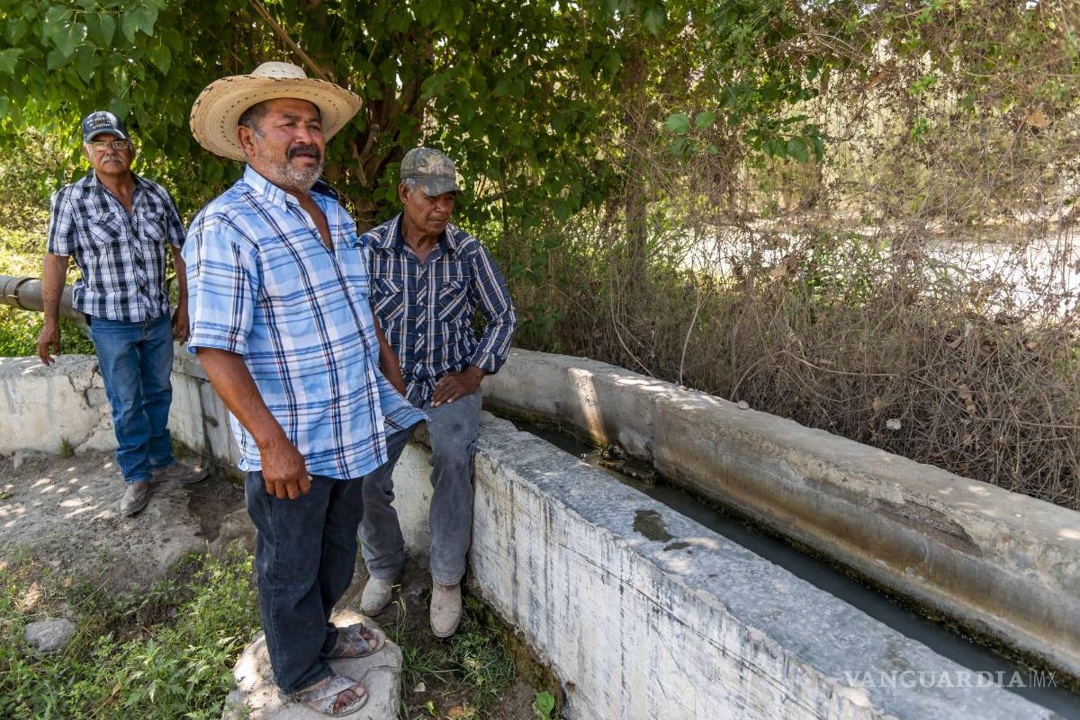 $!Ejidatarios muestran la acequia que lleva agua a sus cultivos. A través de estos conductos, se distribuye el líquido desde la sierra de Parras.