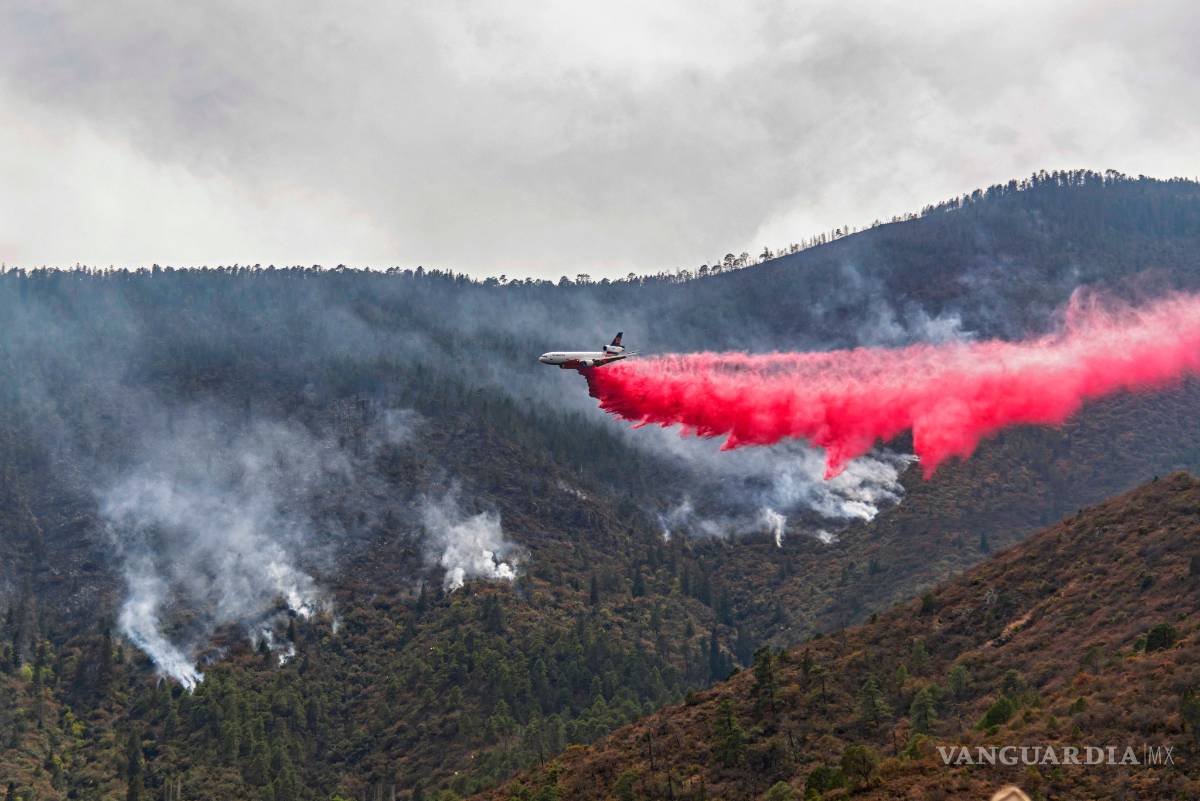 $!Avión DC10 comienza descargas de agua con retardante en zona del incendio en Arteaga