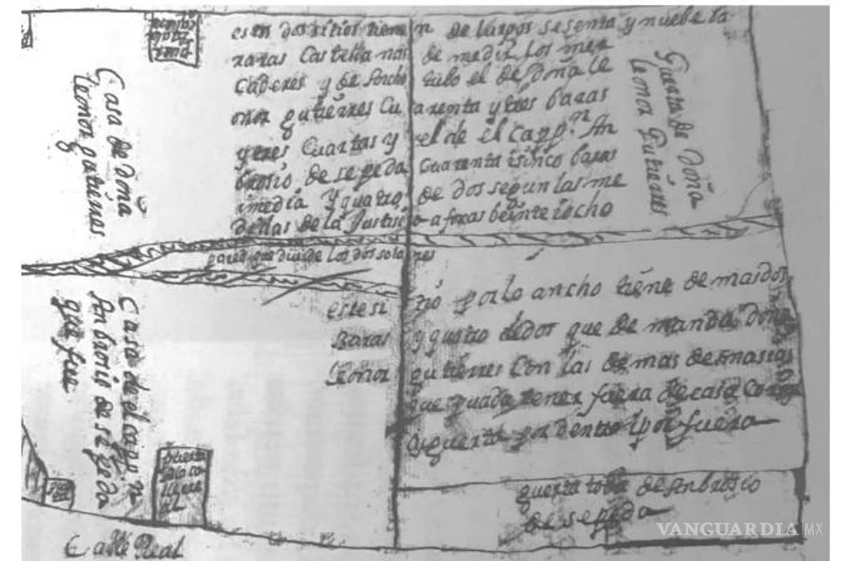 $!Plano manuscrito elaborado en 1715, muestra la disposición de varios solares y propiedades ubicadas sobre la Calle Real, entre las hoy calles de Juárez entre Hidalgo y Bravo.