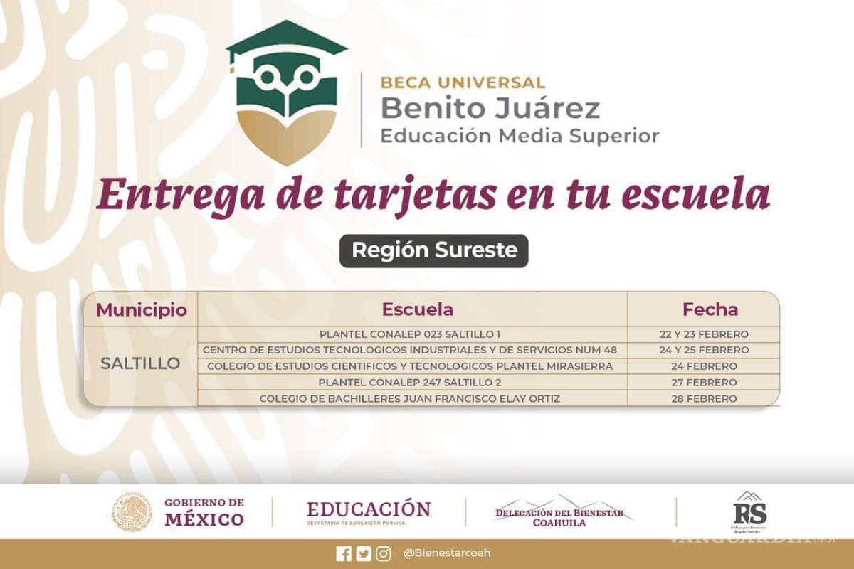 Entregarán en escuelas tarjetas para cobro de becas ‘Benito Juárez’ en Saltillo