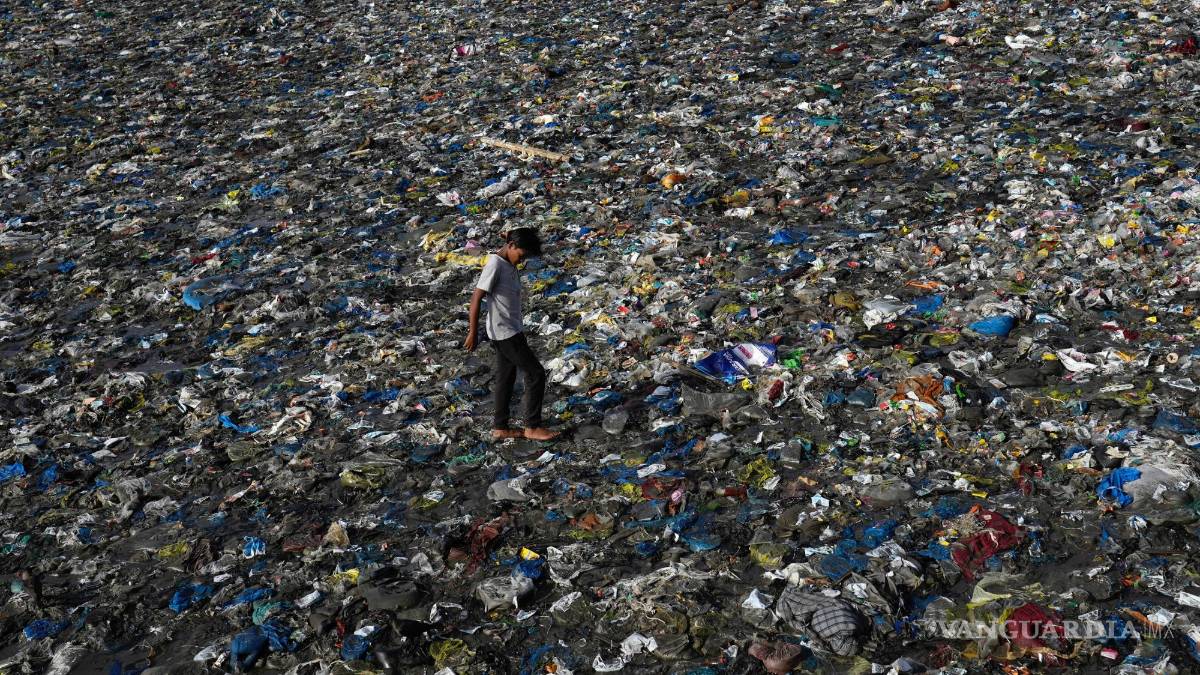 $!Un niño camina sobre los desechos plásticos en la playa de Badhwar Park, en la costa del Mar Arábigo, en el Día Mundial del Medio Ambiente en Mumbai, India.