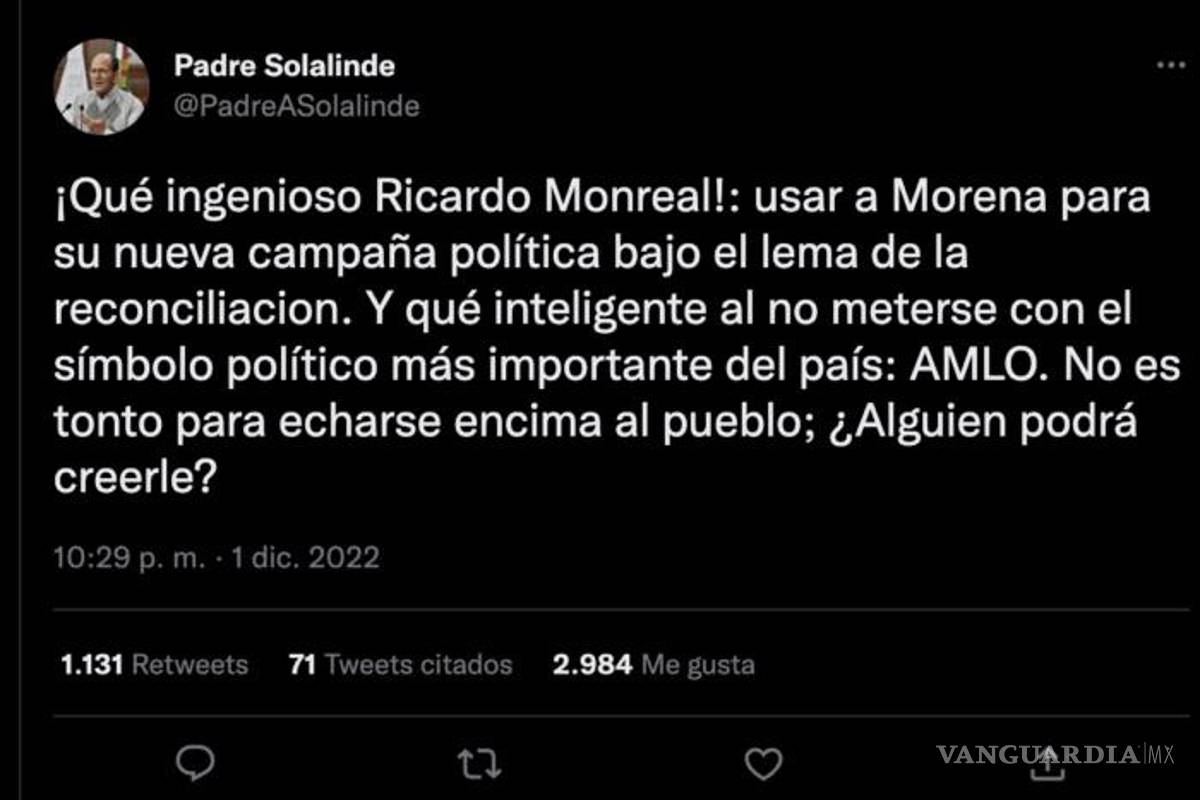 Solalinde critica a Monreal, asegura que usa a Morena para su campaña