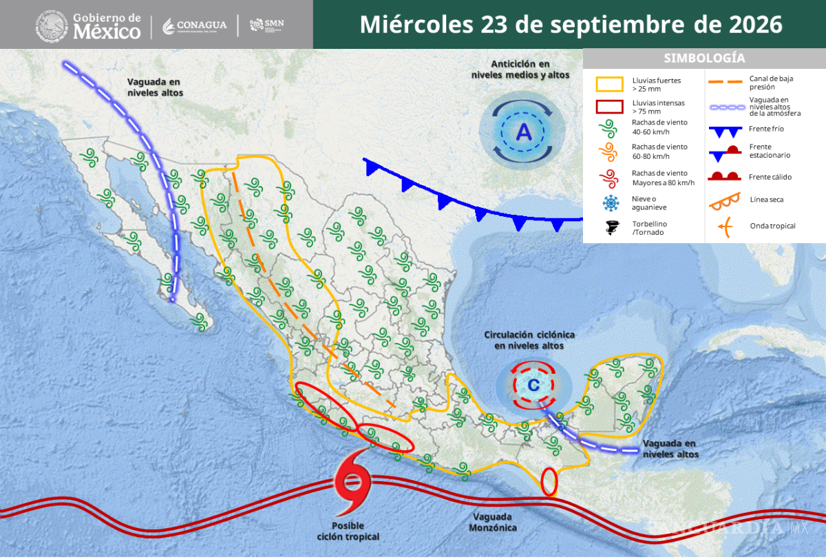 $!Para el miércoles 23 de septiembre, la cartografía oficial ubica al sistema frontal desplazándose sobre el norte y noreste de México, con interacción directa sobre Coahuila.