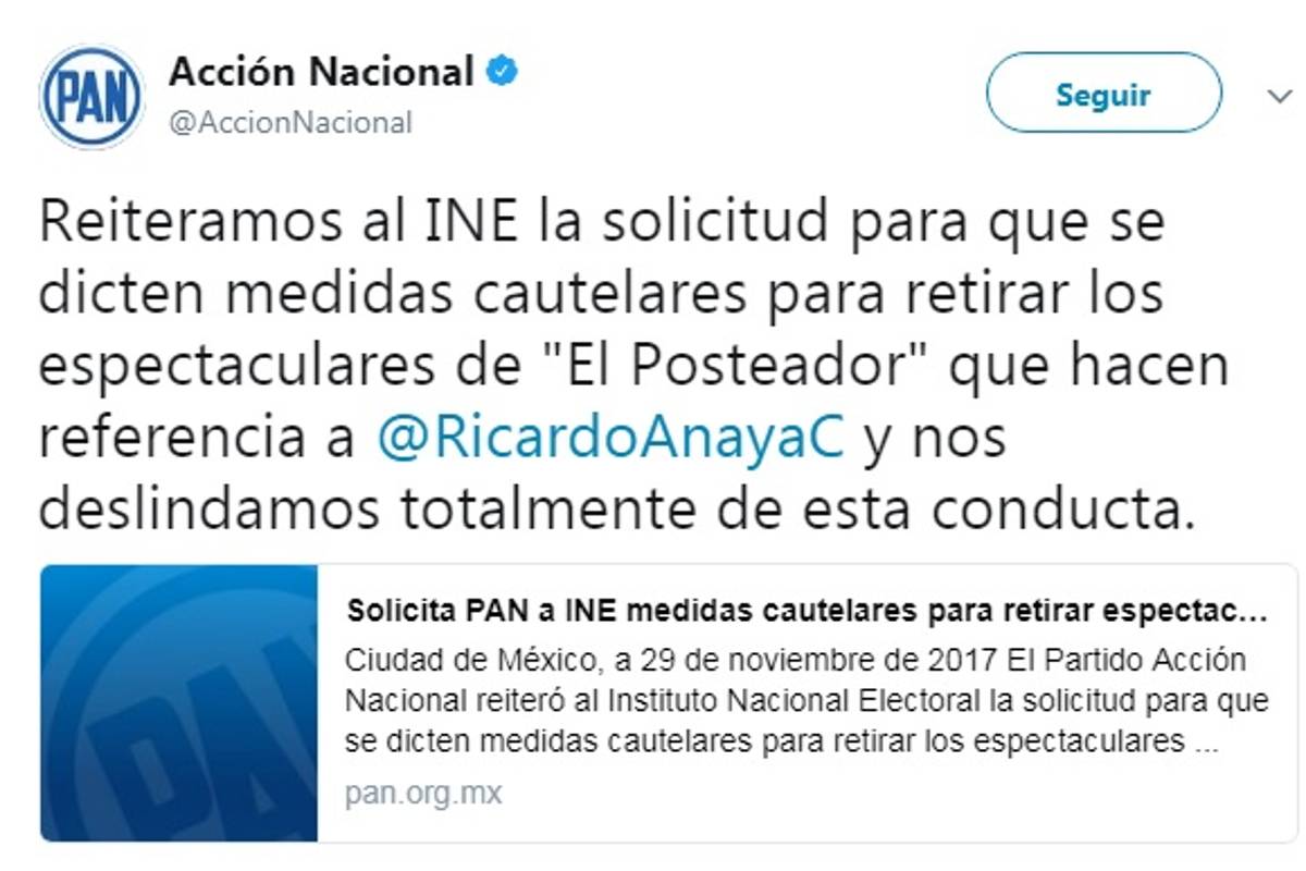 PAN pide a INE retirar espectaculares con promoción a Anaya