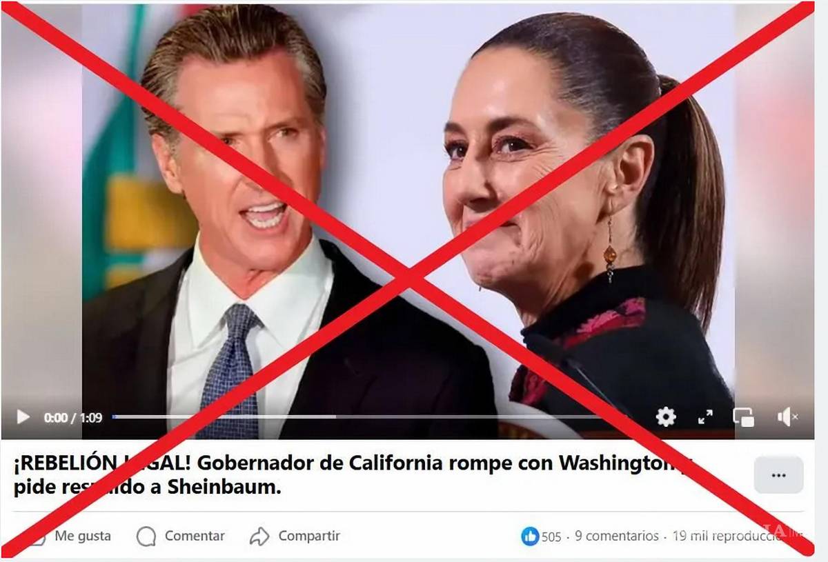 $!“¡REBELIÓN LEGAL! Gobernador de California rompe con Washington y pide respaldo a Sheinbaum (sic)”, dice uno de los mensajes que acompañan la grabación