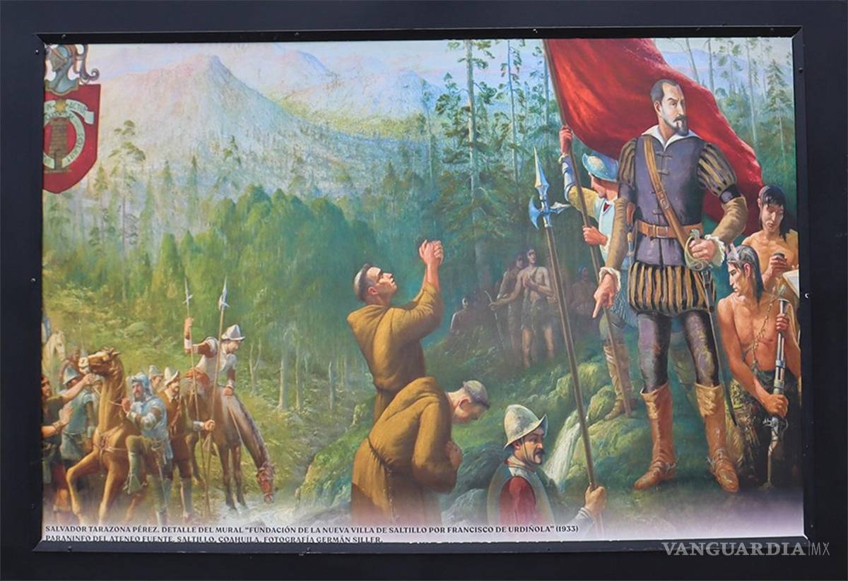 $!“Fundación de Saltillo”, obra de Tarazona que recrea el origen de la ciudad mediante escenas simbólicas y paisajísticas.
