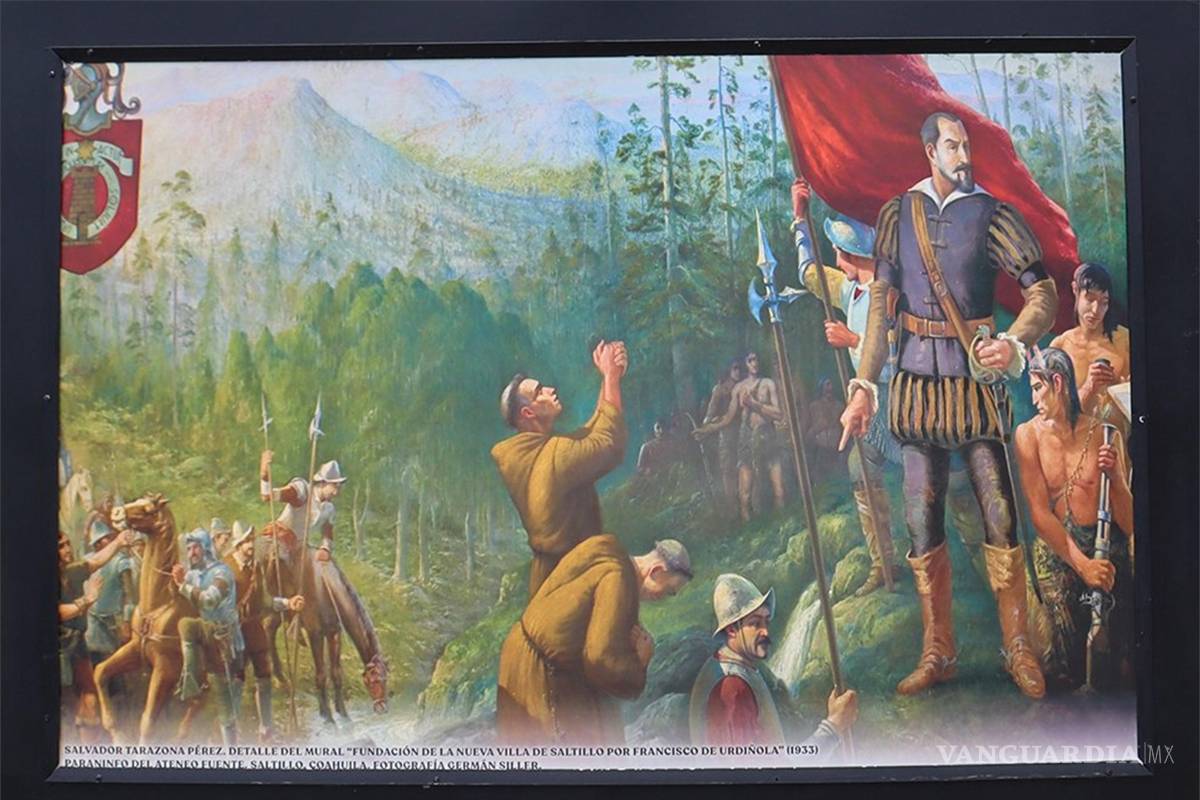 $!“Fundación de Saltillo”, obra de Tarazona que recrea el origen de la ciudad mediante escenas simbólicas y paisajísticas.