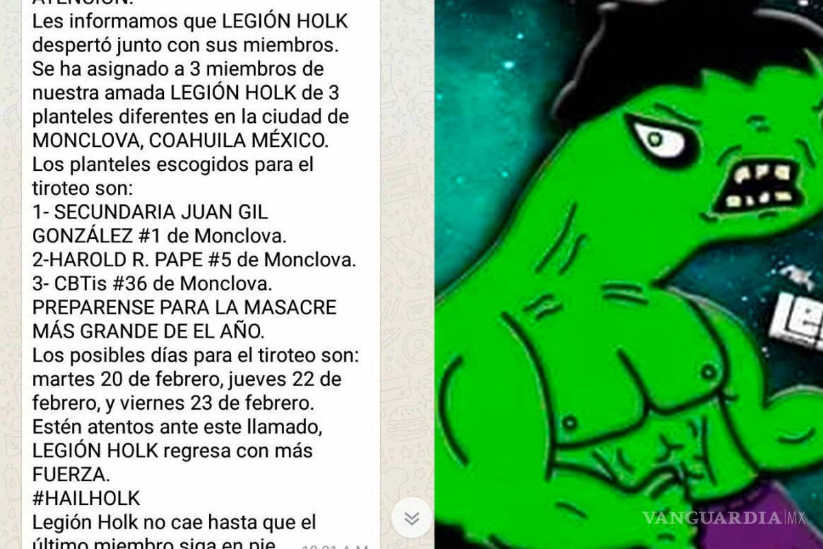 Difunden amenaza de 'Legión Holk' a escuelas de Monclova; es falsa: autoridades