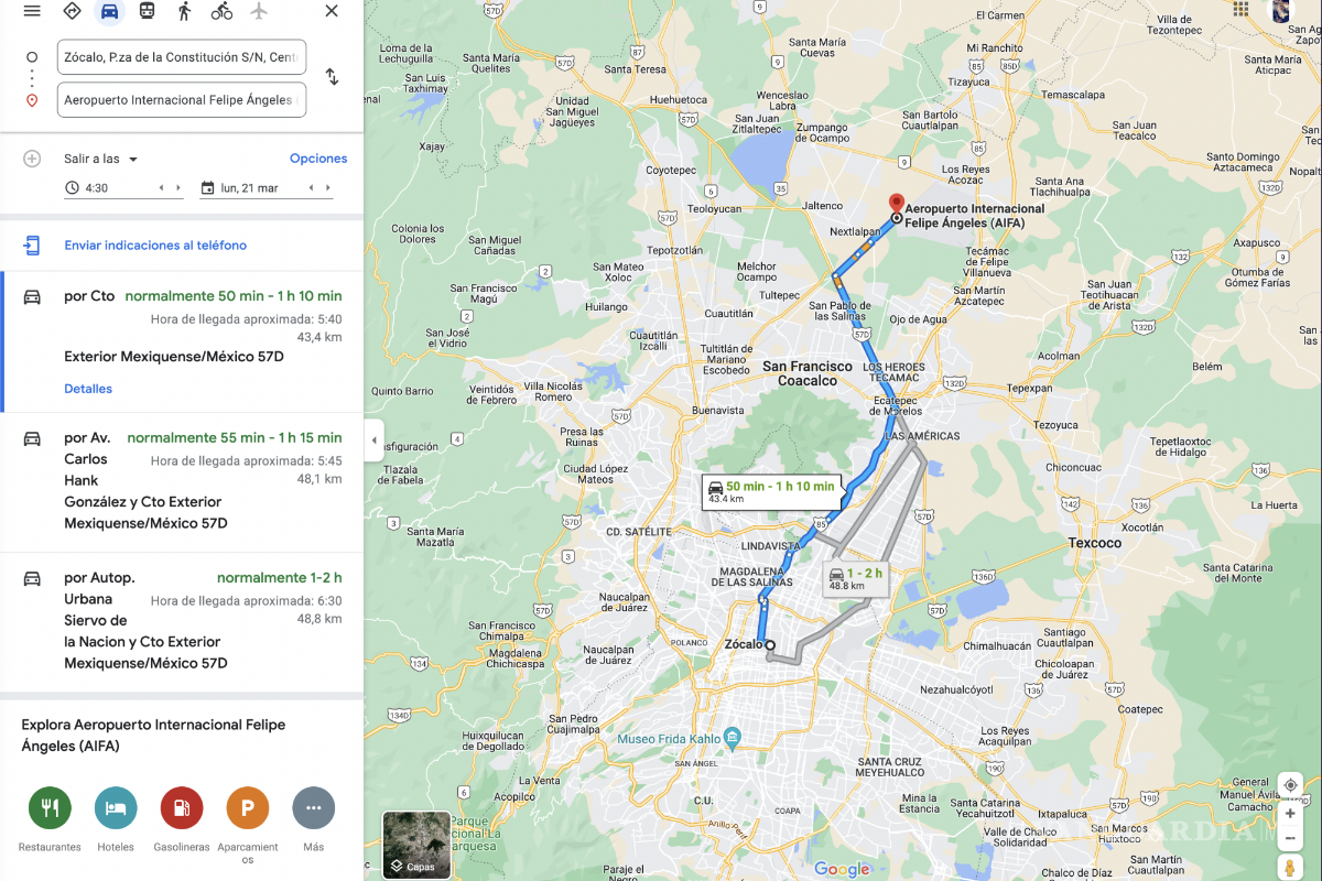 Google Maps desmiente a AMLO: imposible llegar en 40 minutos al AIFA desde Palacio Nacional