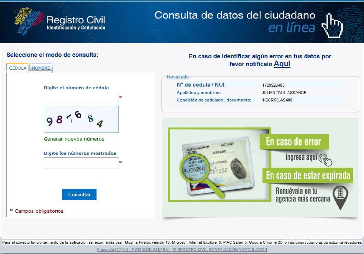 $!Julian Assange, incluido en el Registro Civil de Ecuador, el cual es sólo para ciudadanos ecuatorianos