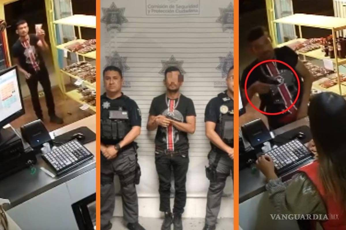 Saltillo: captan en video asalto a mano armada en sucursal de Pepewates; ladrón es detenido minutos después