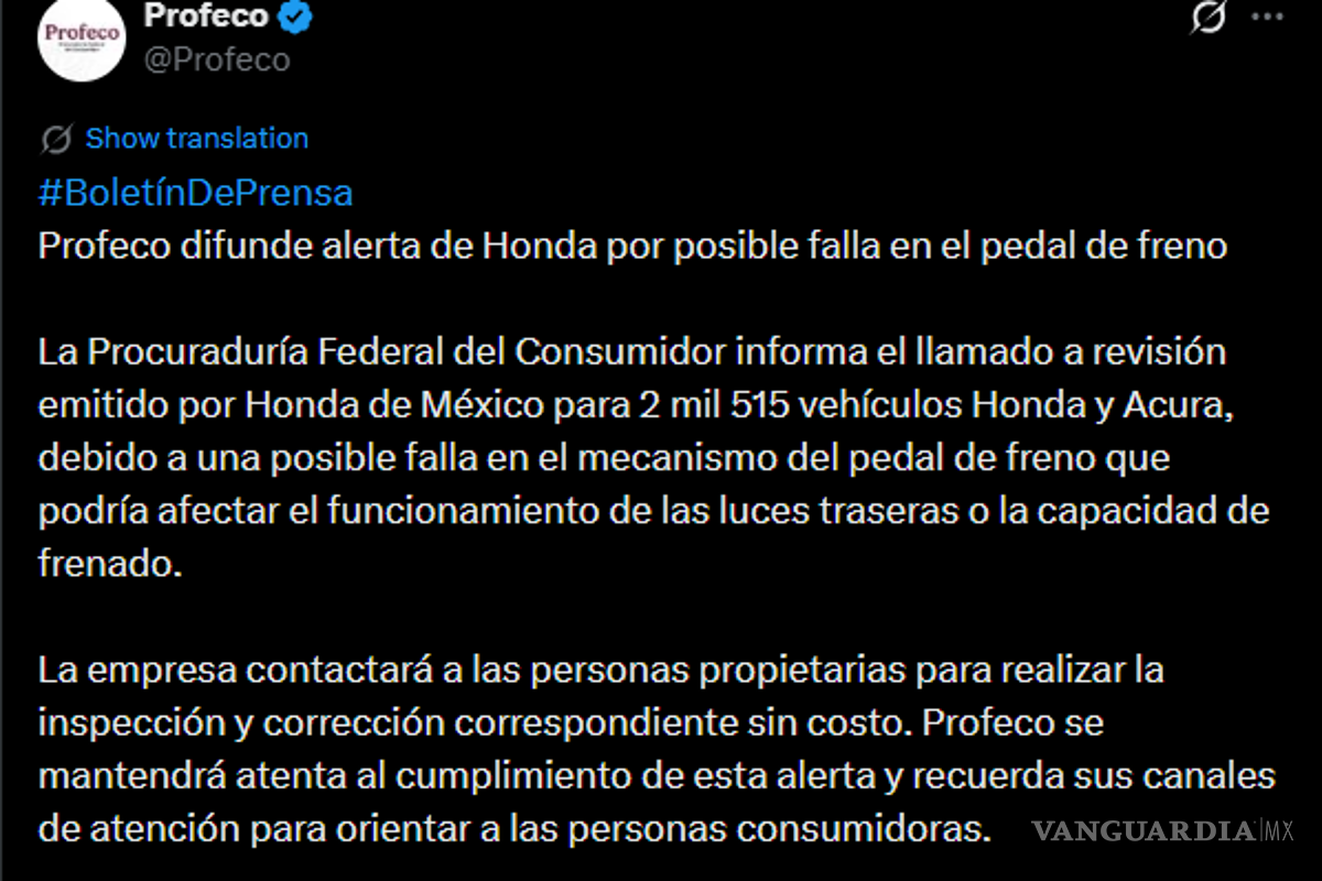 $!Profeco llama a revisión a más de 2 mil vehículos Honda y Acura por falla en pedal de freno