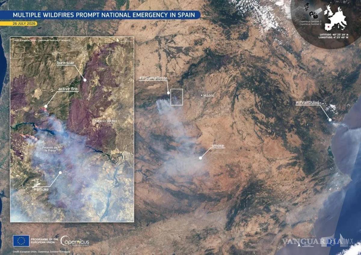 $!Imagen captada por el Copernicus Sentinel-3 el pasado 26 de julio que muestra un denso humo gris extendiéndose por el centro y el oeste de España.
