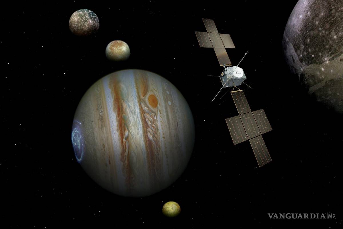 $!La misión Juice explorará Júpiter y sus lunas, incluida Europa (segunda luna, de izq. a der.)