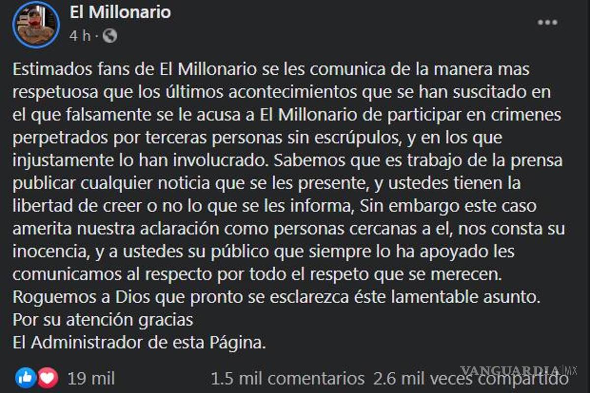 $!‘Nos consta su inocencia’, dicen administradores de fanpage de ‘Millonario’