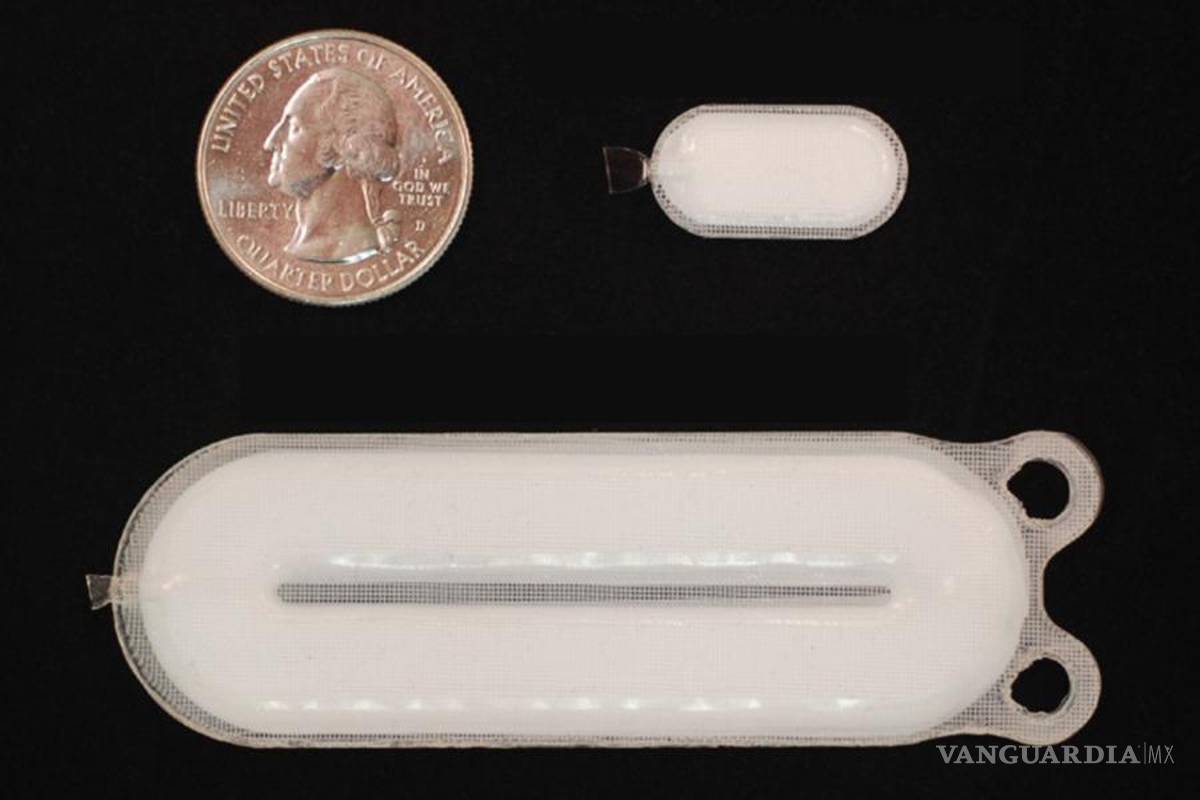 $!Unidad de administración (abajo) que es implantada con un dispositivo centinela más pequeño (arriba a la derecha) junto a una moneda. Foto de ViaCyte.