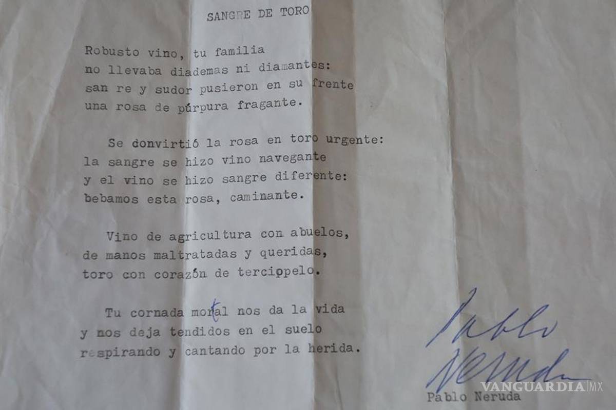 Encuentran versión preliminar mecanuscrita del soneto &quot;Sangre de Toro&quot; de Pablo Neruda