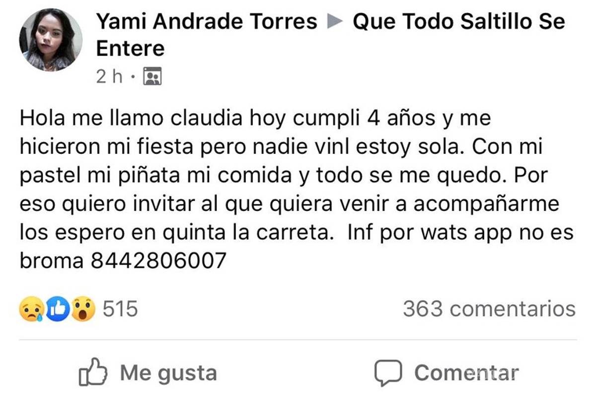 $!En Saltillo invitados 'plantan' a niña en su cumpleaños, usuarios se enteran y le llevan a 'Bely y Beto'