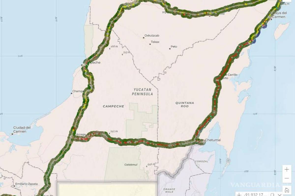 $!Área ocupada por el Tren Maya. Los puntos rojos corresponden a la deforestación ilegal. Fuente: CartoCrítica.