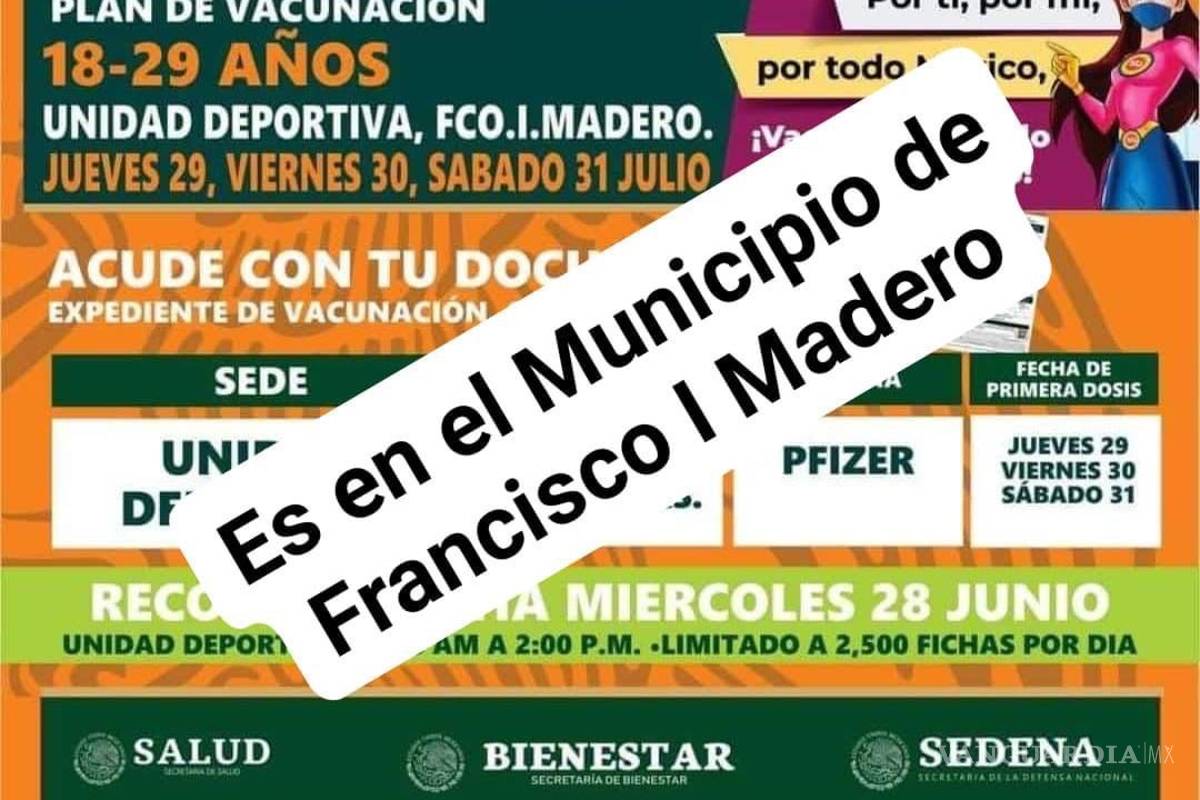 Saltillenses confunden anuncio de vacunación para Francisco I. Madero y acuden a Ciudad Deportiva