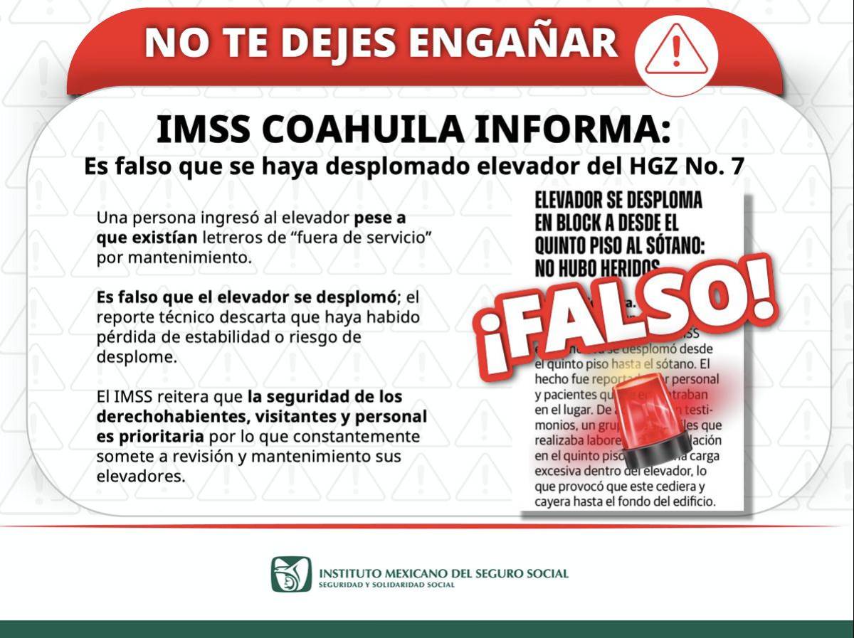 $!IMSS desmiente rumores sobre desplome de elevador en HGZ No. 7 de Monclova