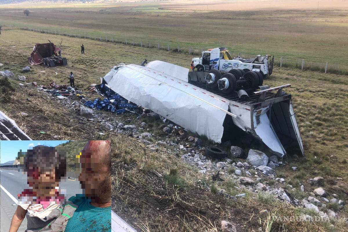 Padre e hija de 3 años salvan la vida tras una volcadura en la carretera federal 57 en Coahuila