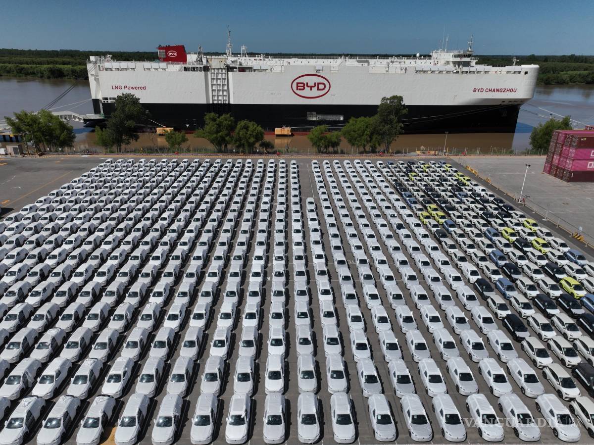 $!Vista de vehículos híbridos y eléctricos enviados desde China por la automotriz BYD Changzhou en el puerto de Zárate, en Buenos Aires, Argentina.