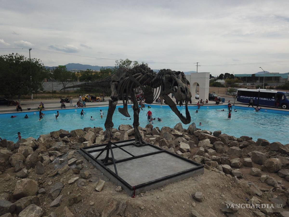 $!En medio del lago artificial se instaló una estructura de Tiranosaurio Rex, misma que se colocó en colaboración con el Museo del Desierto.