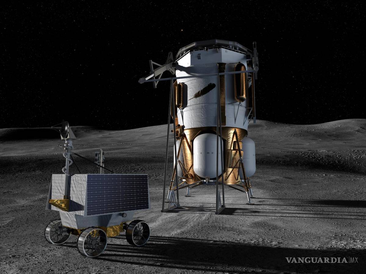 $!Concepción artística que muestra el módulo de aterrizaje Blue Moon Mark 1 de Blue Origin y el Rover de Exploración Polar para la Investigación de Volátiles (VIPER) de la NASA en la superficie lunar.