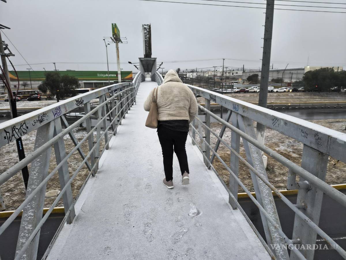 $!Puente peatonal en Saltillo cubierto de nieve.
