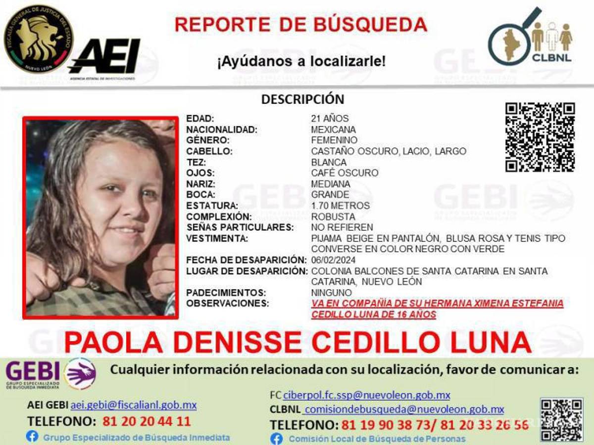 $!La mayor de las hermanas se llama Paola Denisse Cedillo Luna y tiene 21 años de edad, compartieron las autoridades