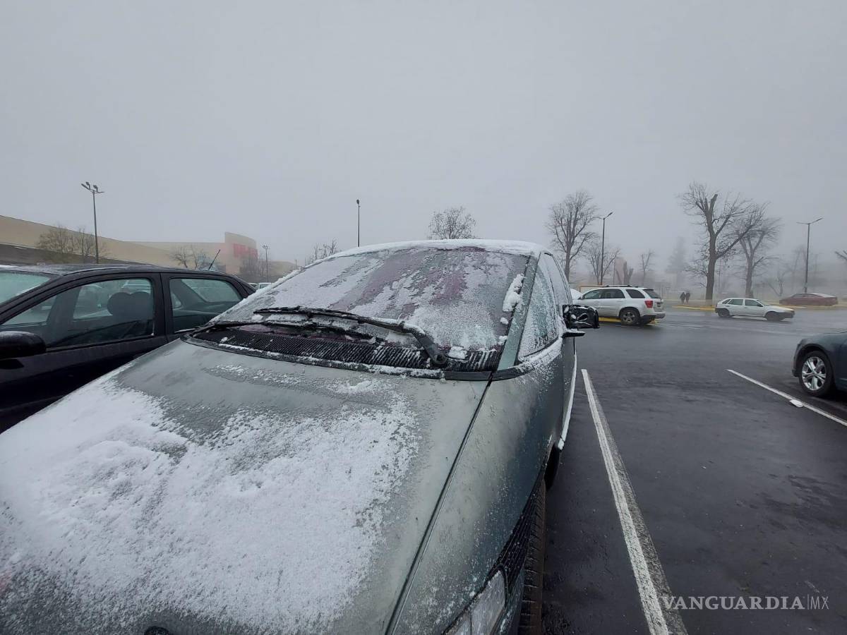 $!En vehículos es notoria la caída de aguanieve.