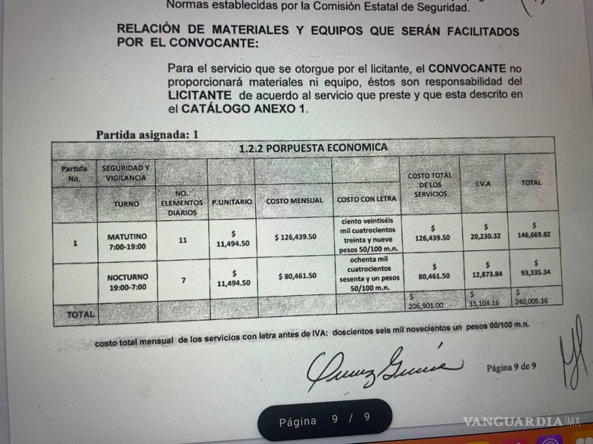 $!La propuesta económica que se hizo para ese contrato firmado para la seguridad privada de la Clínica del Magisterio.