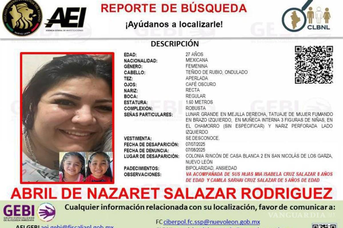 $!Mujer con bipolaridad desaparece junto a sus dos hijas, en Nuevo León