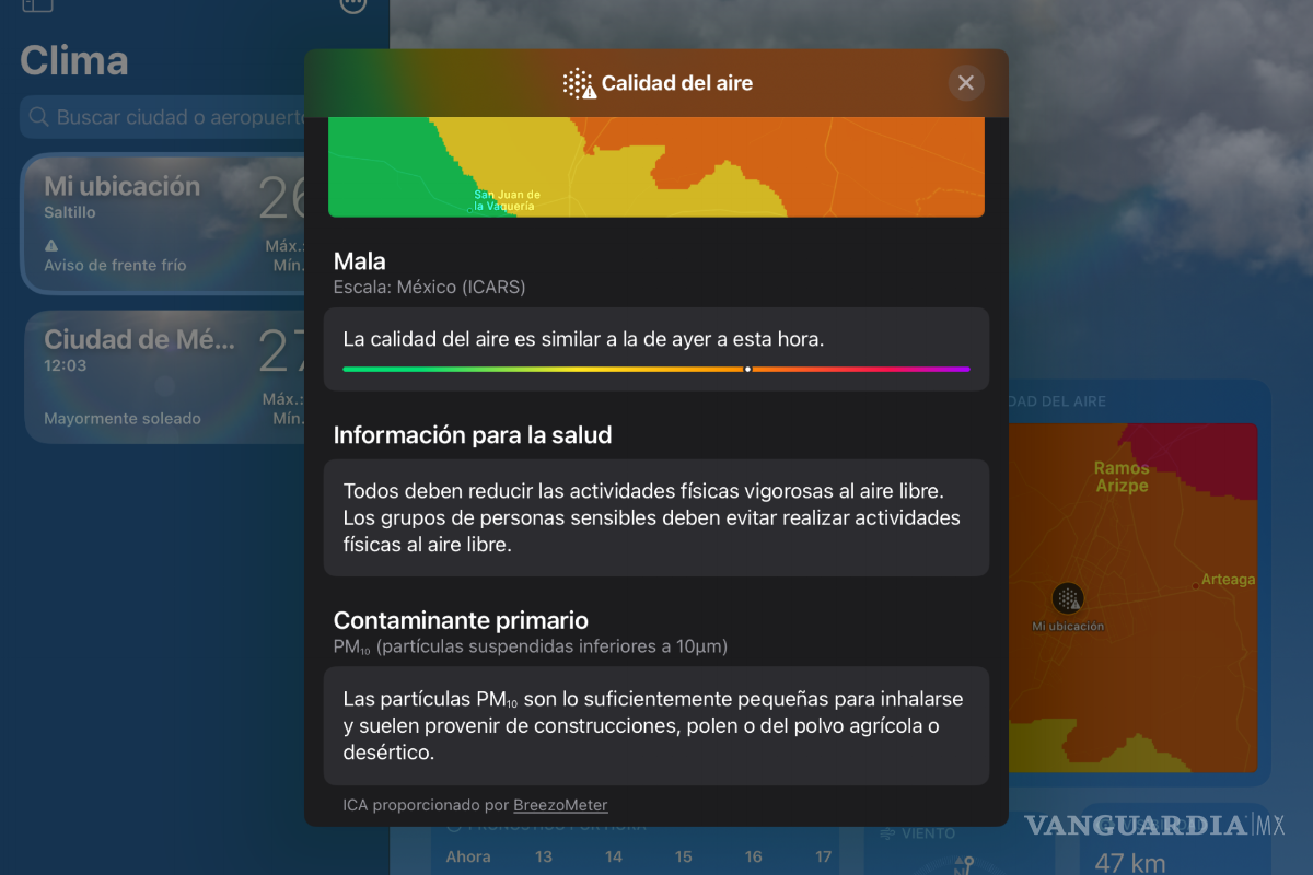 Mala calidad del aire en Saltillo para Semana Santa, según aplicación del clima de Apple