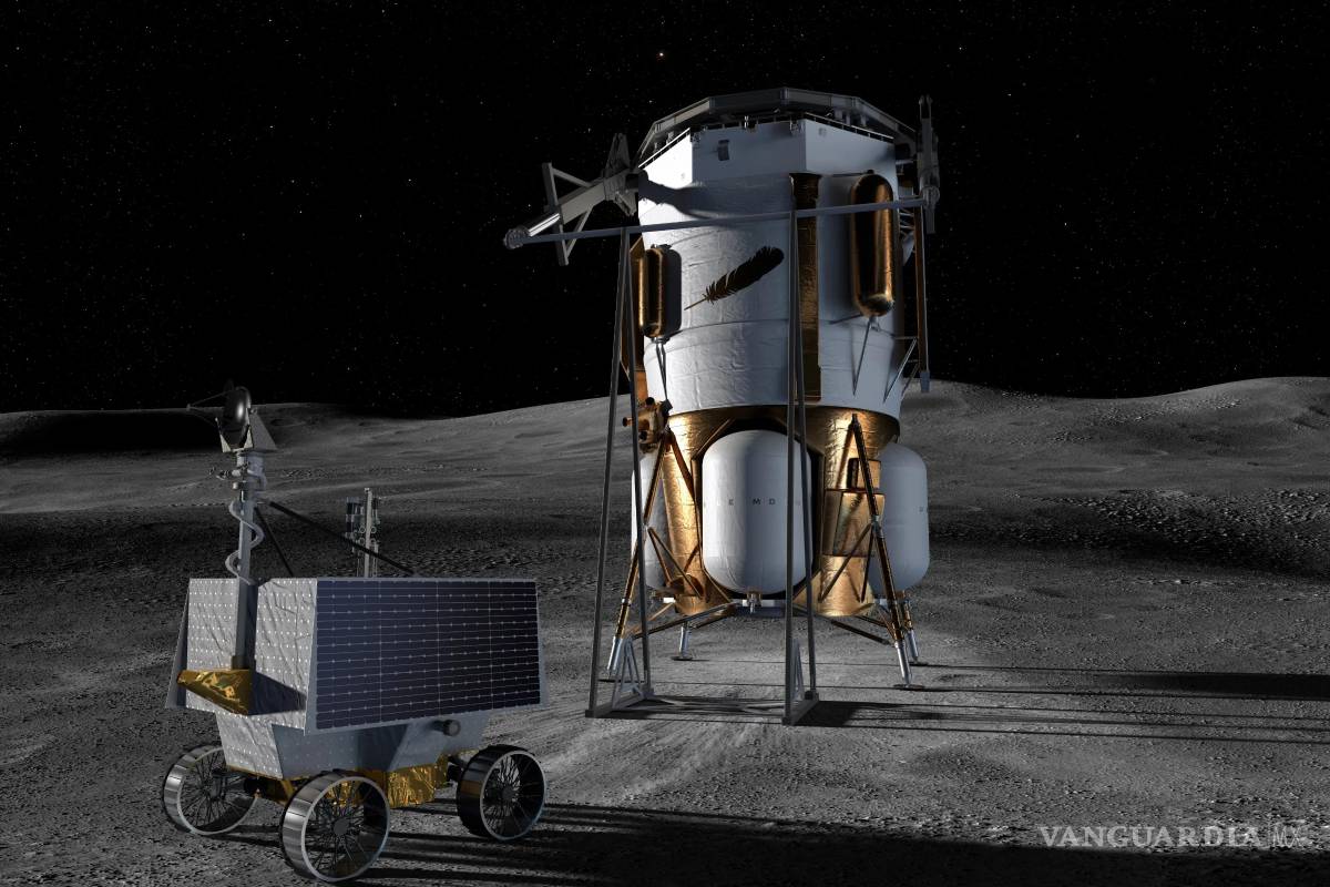 $!Concepción artística que muestra el módulo de aterrizaje Blue Moon Mark 1 de Blue Origin y el Rover de Exploración Polar para la Investigación de Volátiles (VIPER) de la NASA en la superficie lunar.