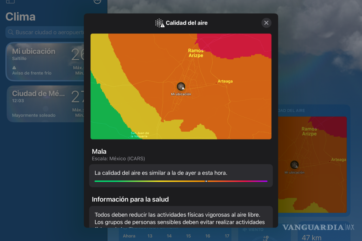 Mala calidad del aire en Saltillo para Semana Santa, según aplicación del clima de Apple