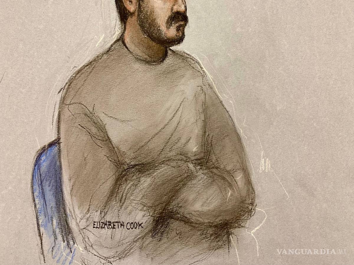 $!Boceto que muestra a Joshua Kerry, de 28 años, compareciendo ante el Tribunal de Magistrados de Westminster en Londres acusado del asesinato de Widdecombe.