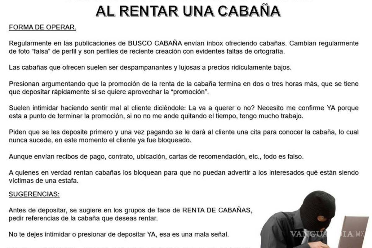 Identifican cuentas de redes sociales que ofertan cabañas inexistentes en Arteaga