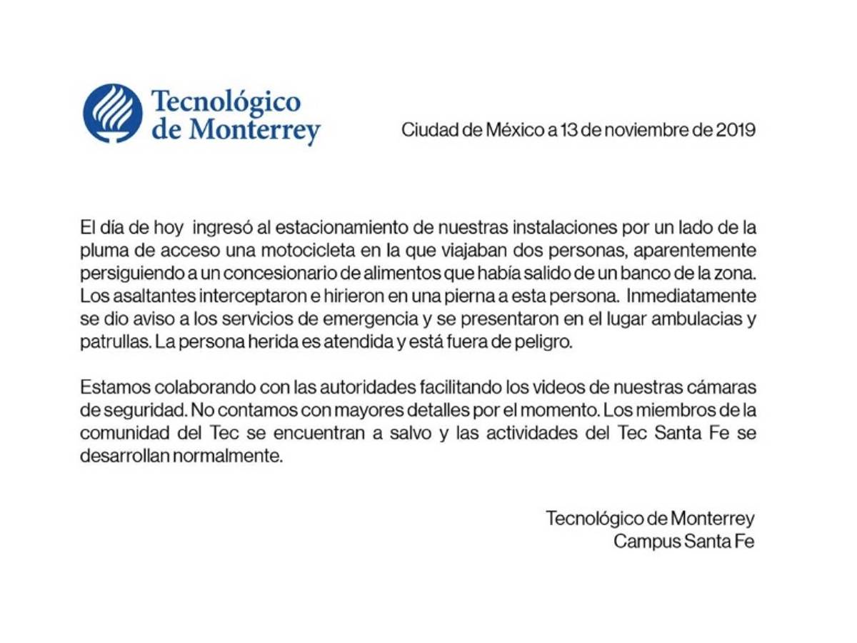 $!Reportan disparos en Tec de Monterrey Santa Fe, al menos un herido