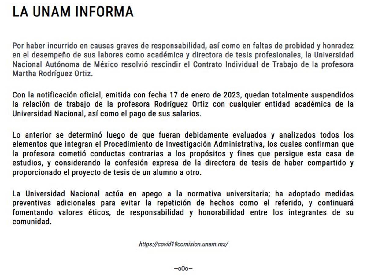 $!UNAM despide a la asesora de tesis de la ministra Yasmín Esquivel