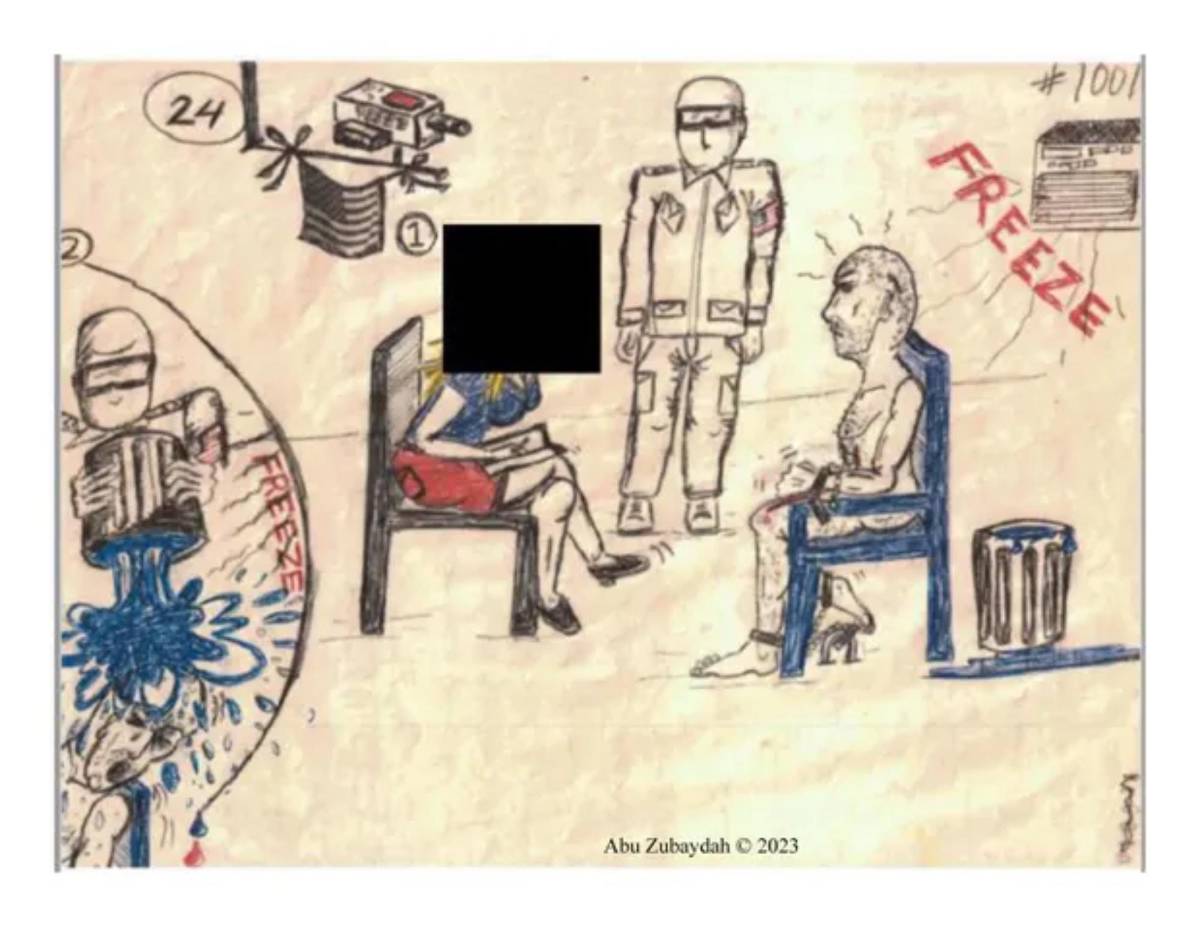 $!Abu Zubaydah, conocido como el “prisionero eterno”, preso en Guantánamo desde 2006, muestra en dibujos la tortura a la que fue sometido por la CIA.